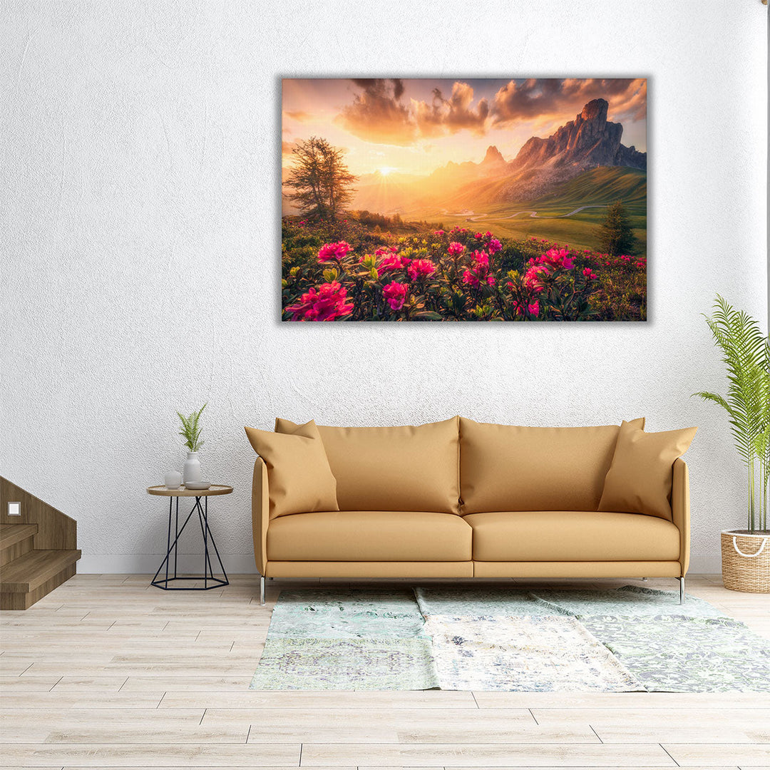 Dolomites Mountains and Flowers - Canvas Print Wall Art