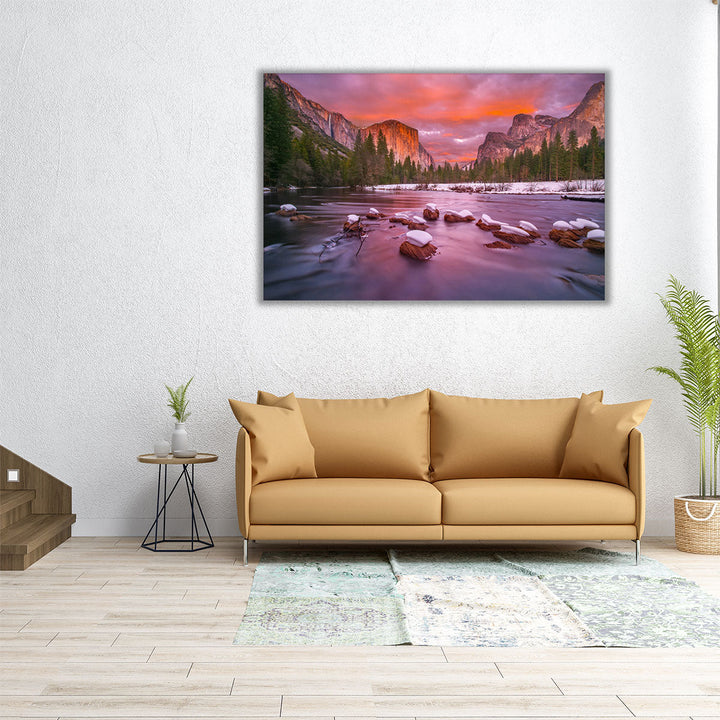 Yosemite Valley At Dusk With Snow Caps - Canvas Print Wall Art