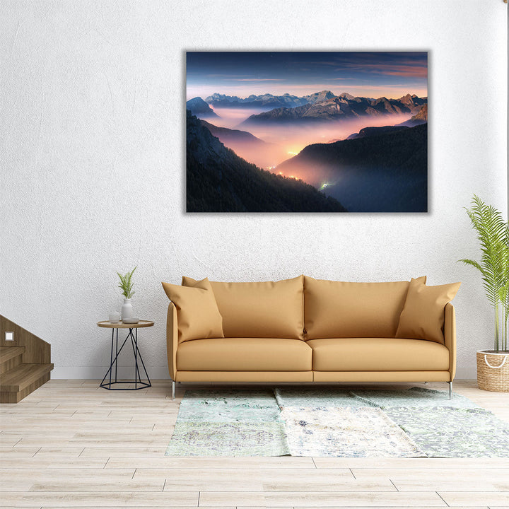 First Rays on Misty Mountains in Dolomites, Italy - Canvas Print Wall Art