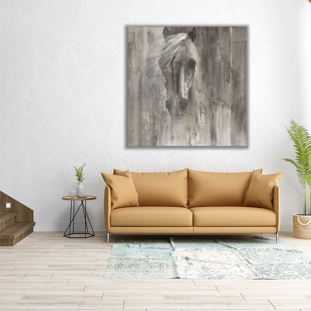 Square grey canvas with equine brushstrokes