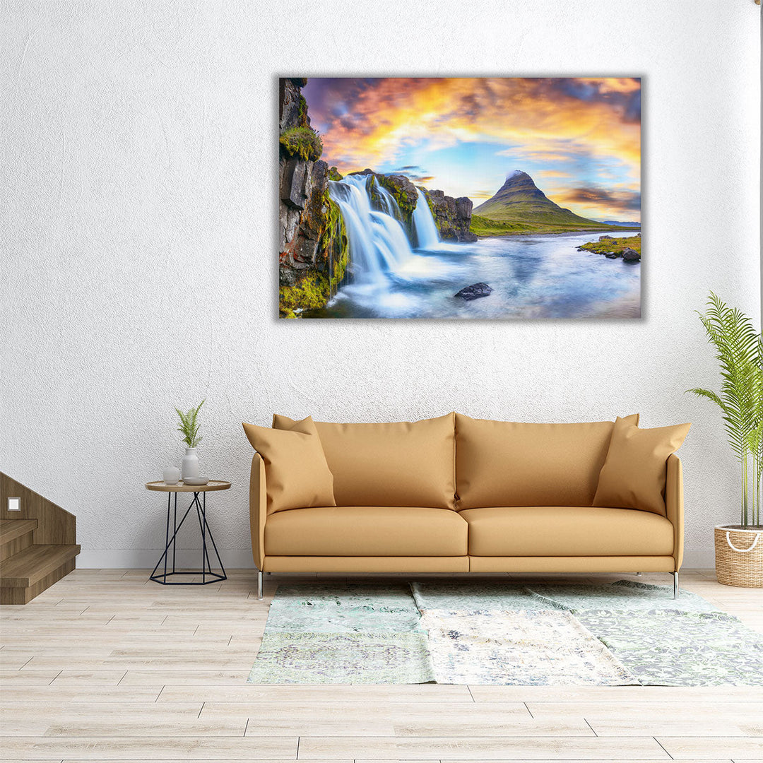 Kirkjufellsfoss Waterfall At Sunset in Iceland - Canvas Print Wall Art