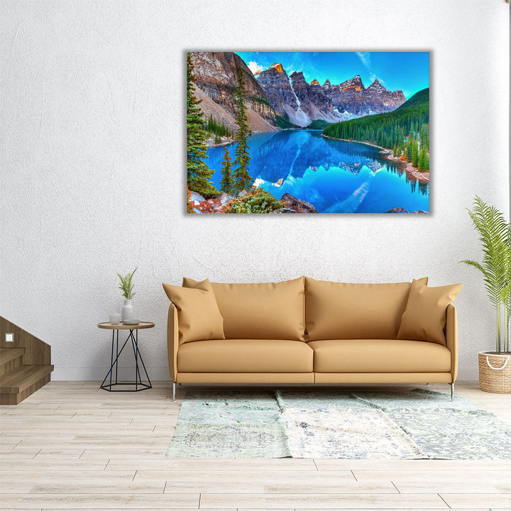60x40 landscape canvas with Moraine Lake and mountain backdrop