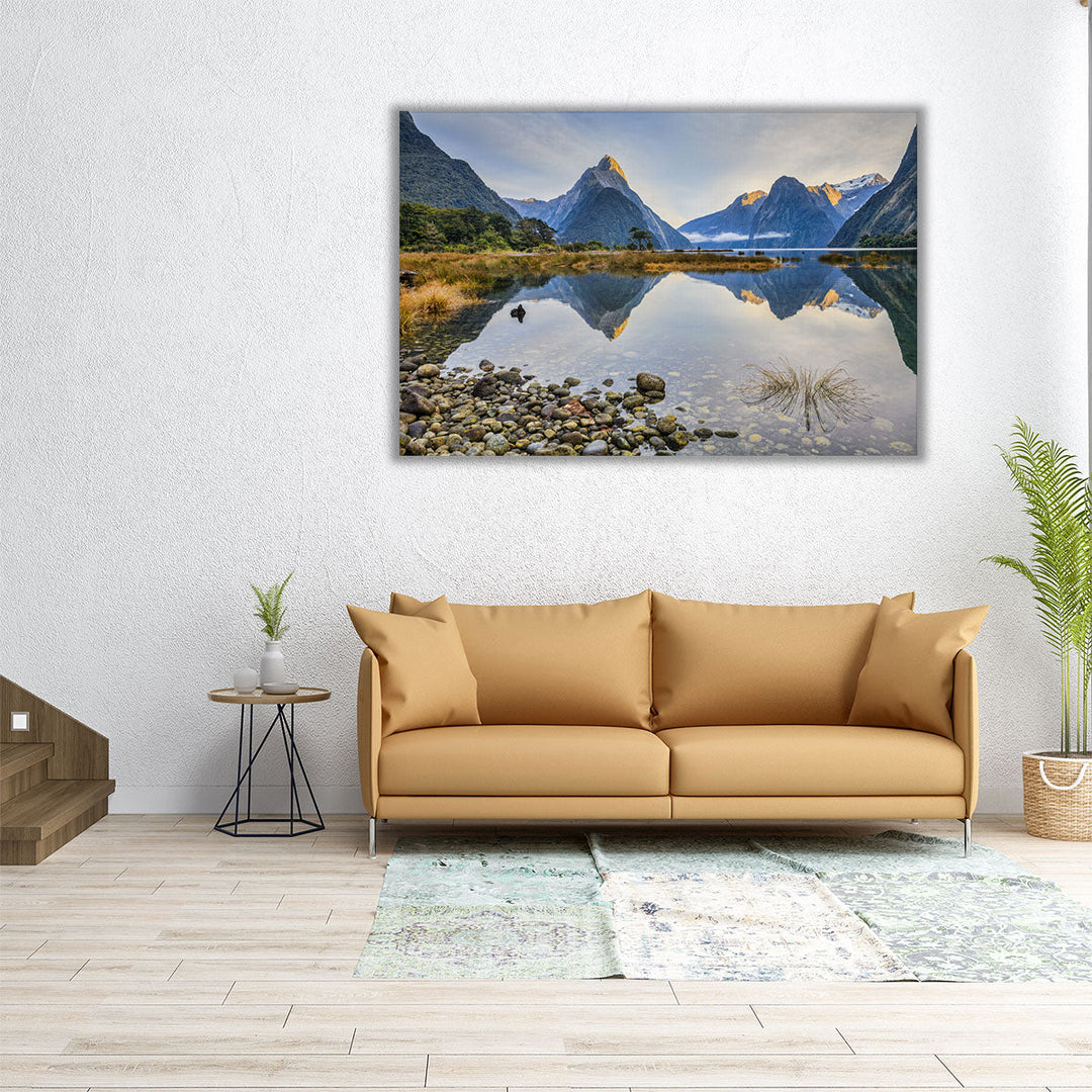 60x40 canvas of mountain and lake with pebbles