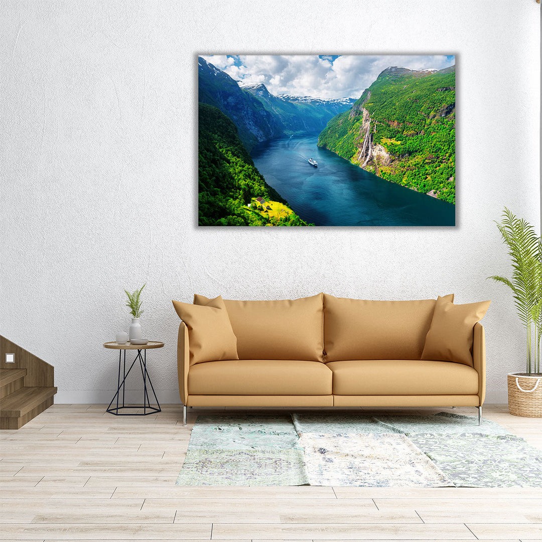 Sunnylvsfjorden Fjord, Seven Sisters Waterfalls, Norway - Canvas Print Wall Art