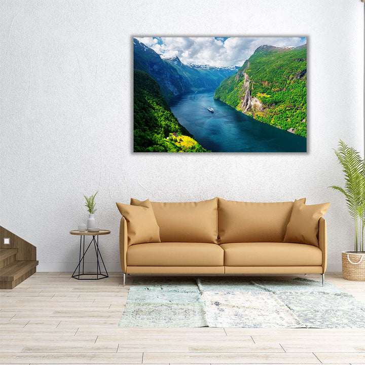 Sunnylvsfjorden Fjord, Seven Sisters Waterfalls, Norway - Canvas Print Wall Art
