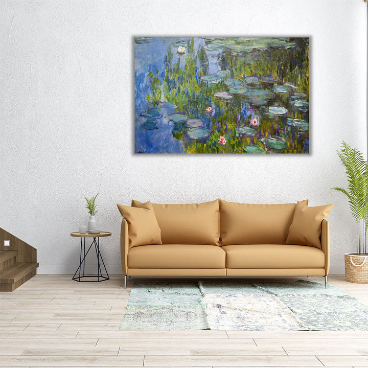Wide canvas of abstract blue and green lilies