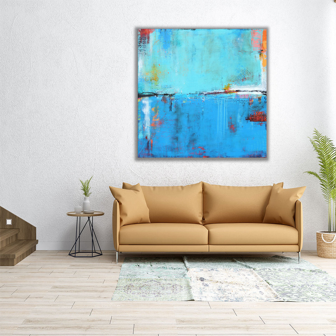 40x40 Wall Art – large square canvas with structured blue blocks
