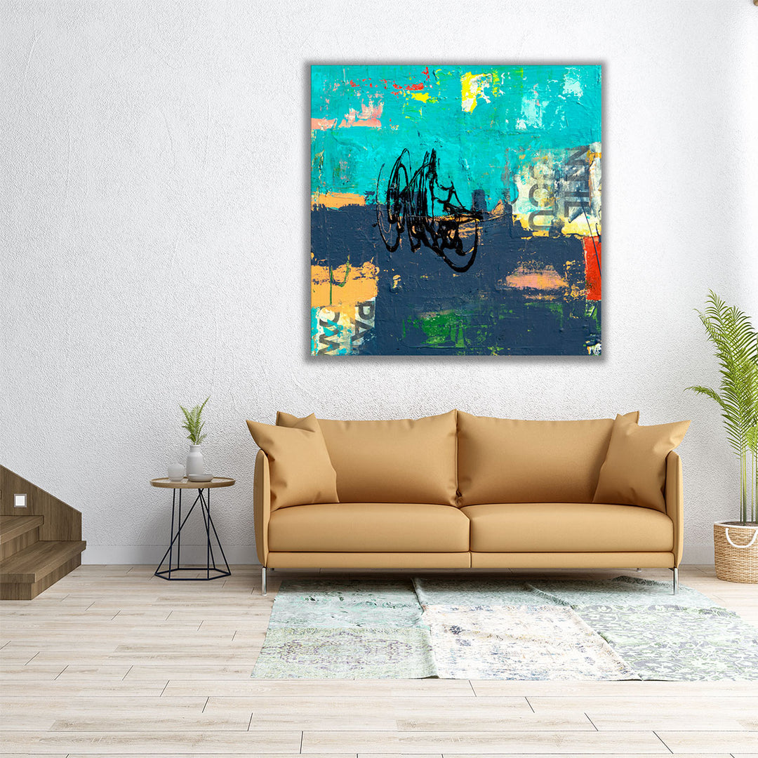 Square canvas with expressive blue design