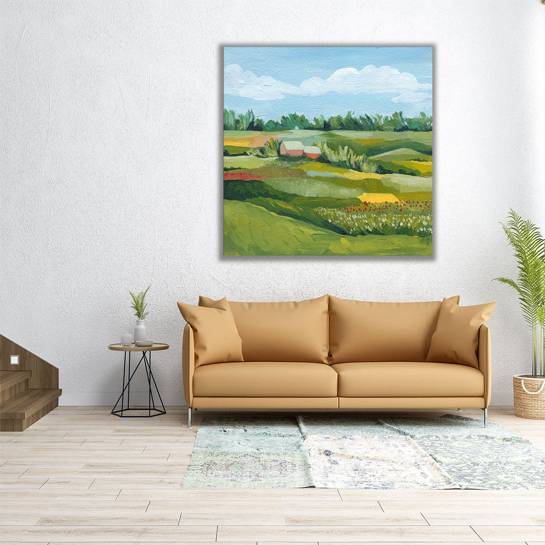 30x30 green landscape painting with rural scenery