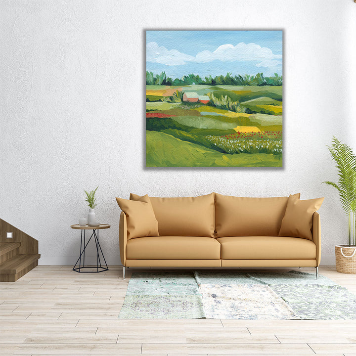 30x30 green landscape painting with rural scenery