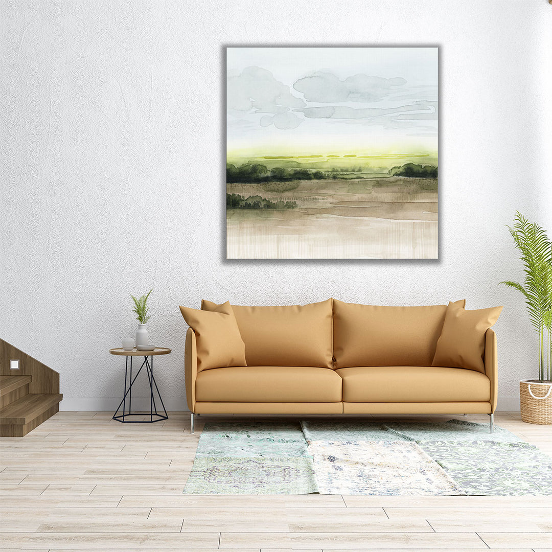30x30 green watercolor artwork, scenic composition