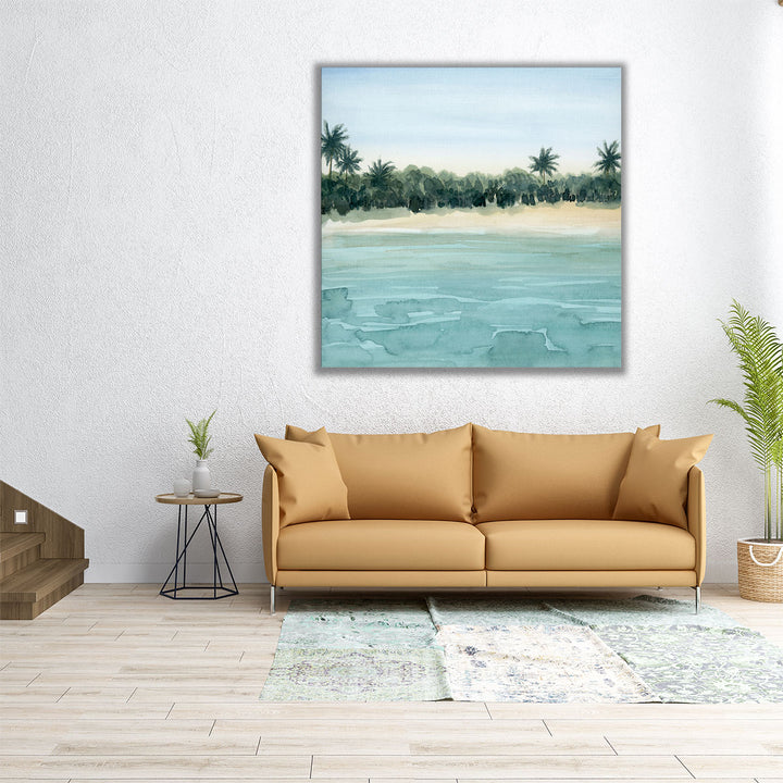 40x40 watercolor beach scene with ocean and sand