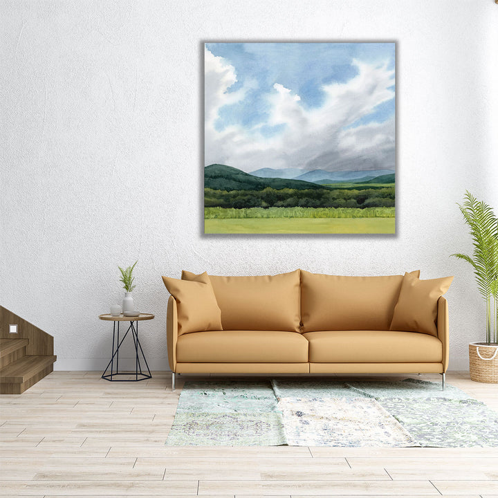 Square wall art mountain and green meadow