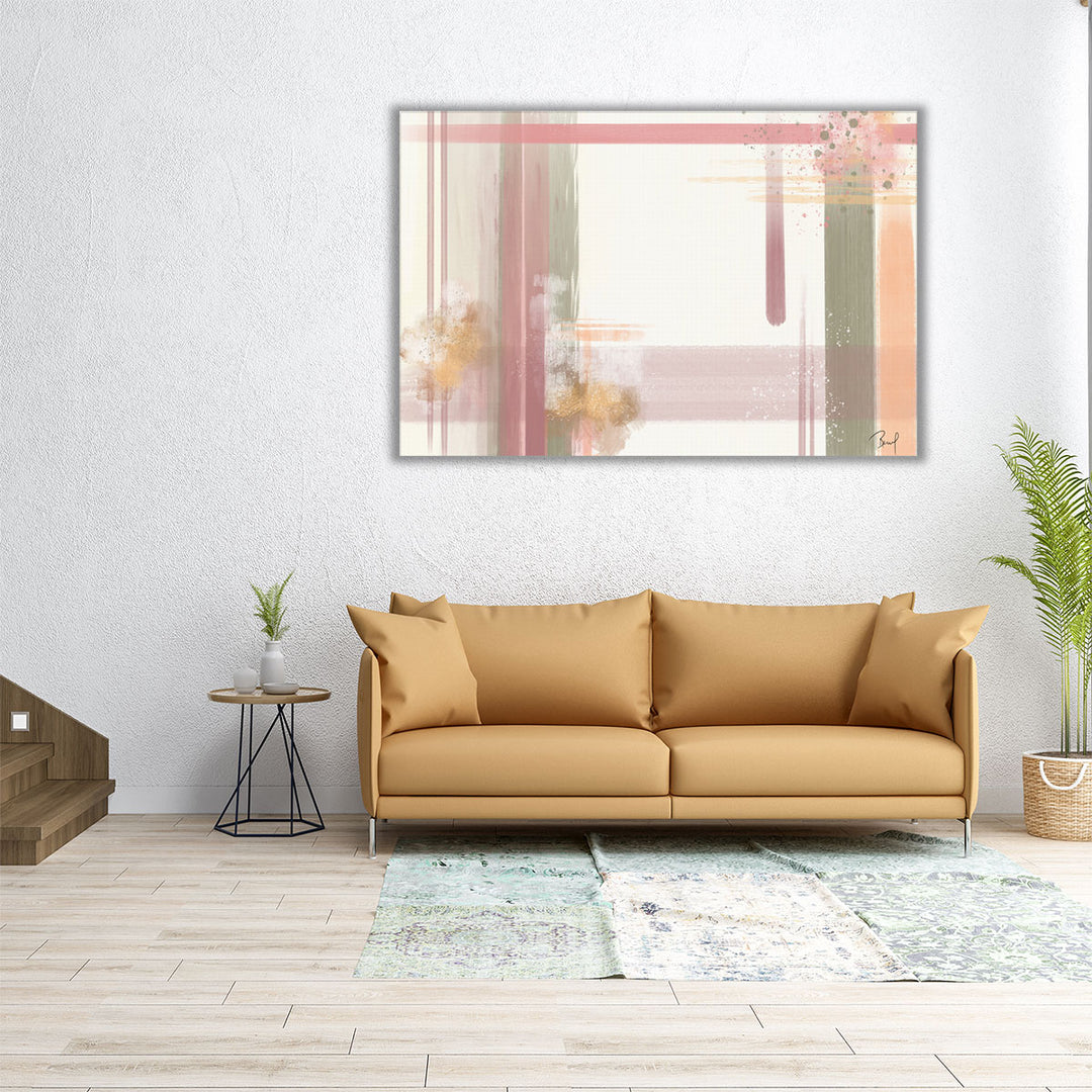 60x40 Wall Art – large neutral abstract painting with pink accents