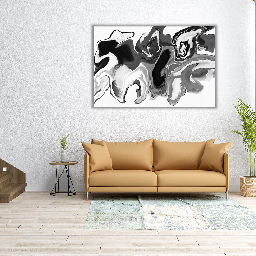 Large abstract painting in black and white tones