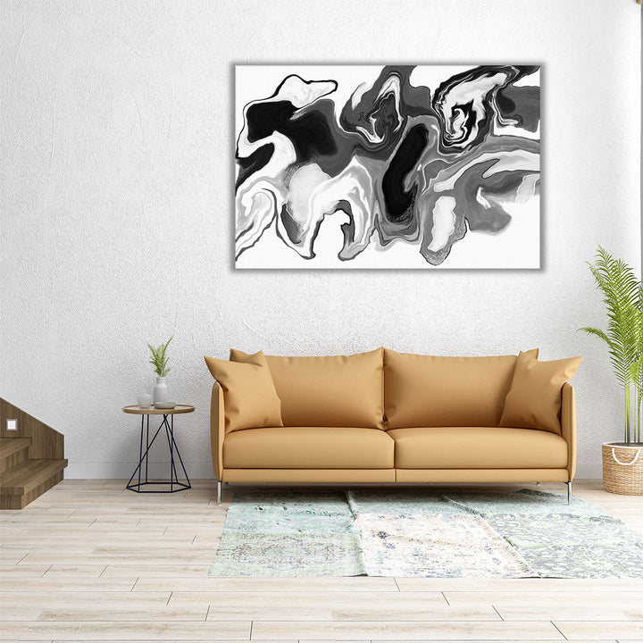 Large abstract painting in black and white tones