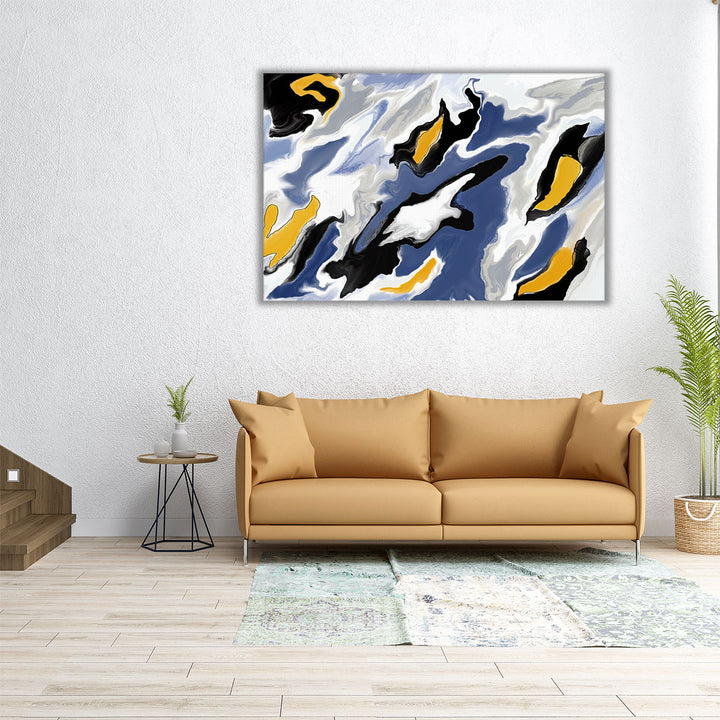 Large abstract painting in blue, grey, and yellow