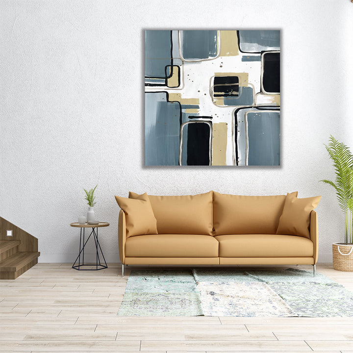 Square canvas with abstract blue and black design