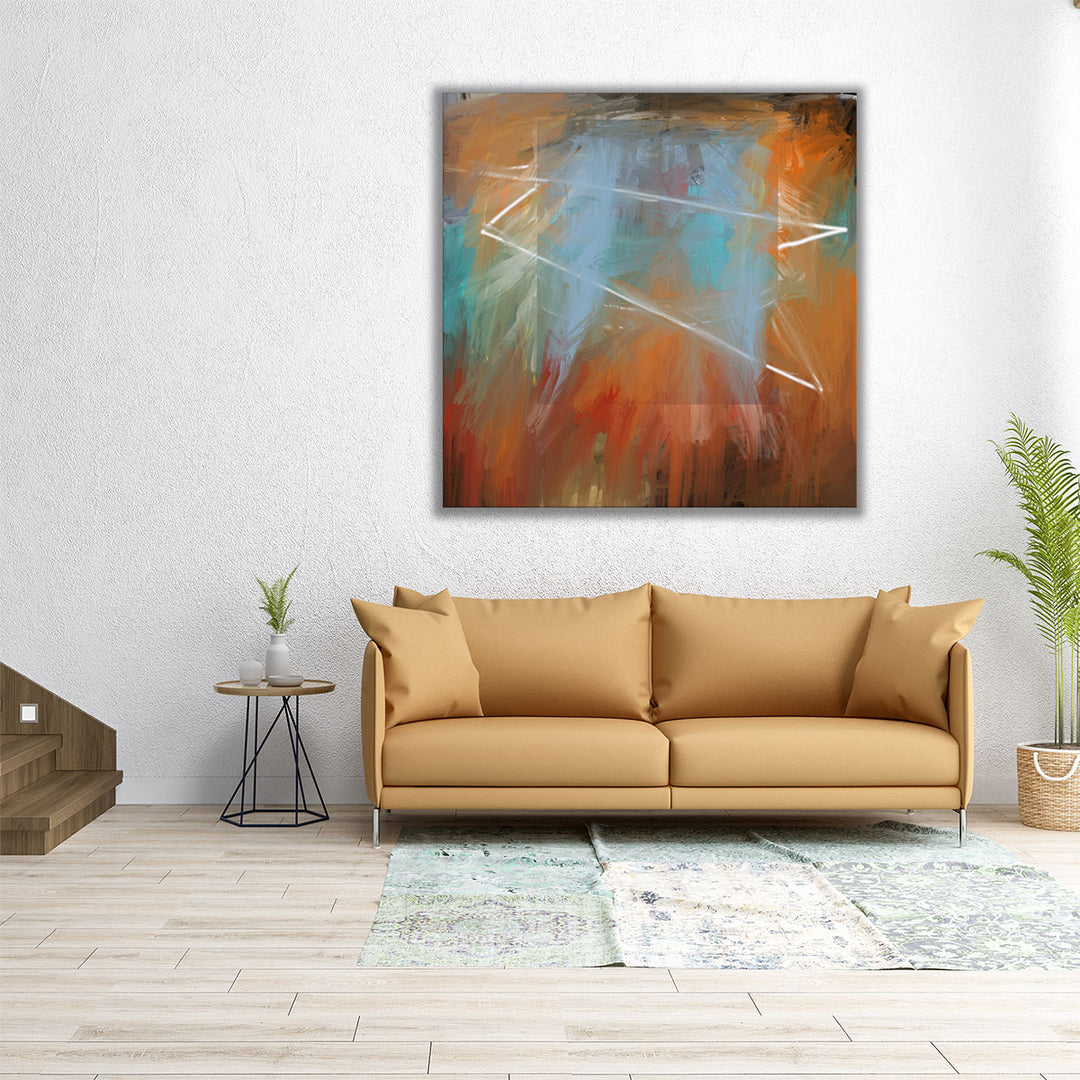 Square format orange and blue wall art
