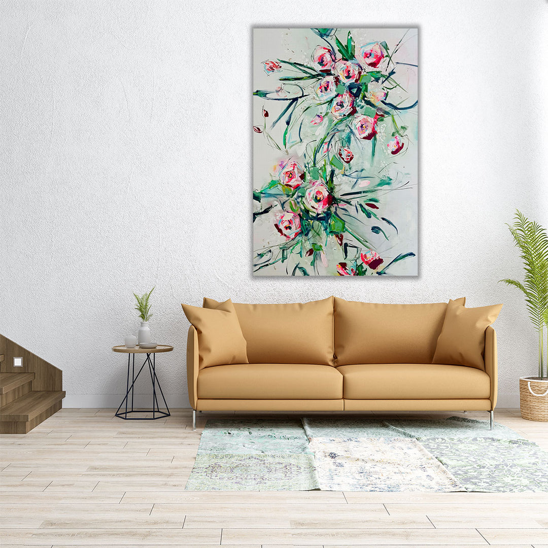 40x60 Wall Art – large vertical rose painting in pink and green
