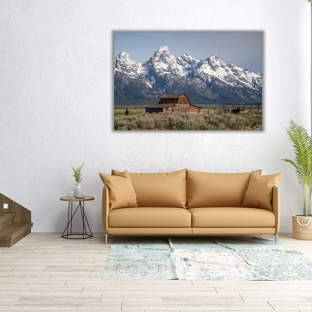 60x40 canvas of mountain and barn in tranquil tones