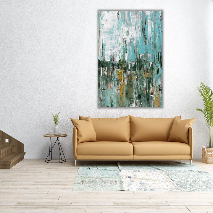 Vertical abstract canvas with tactile brushwork