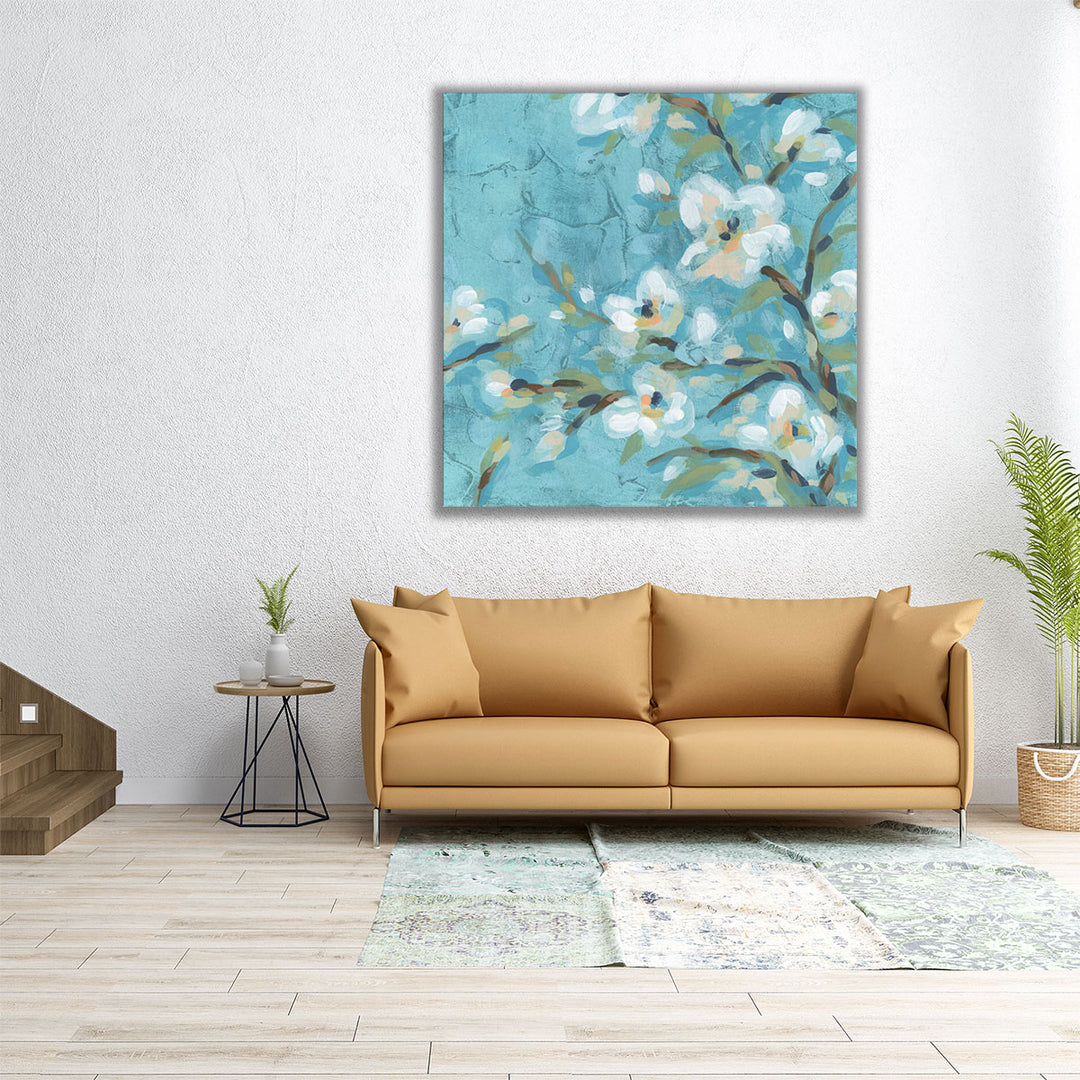 Square canvas with white flowers on blue