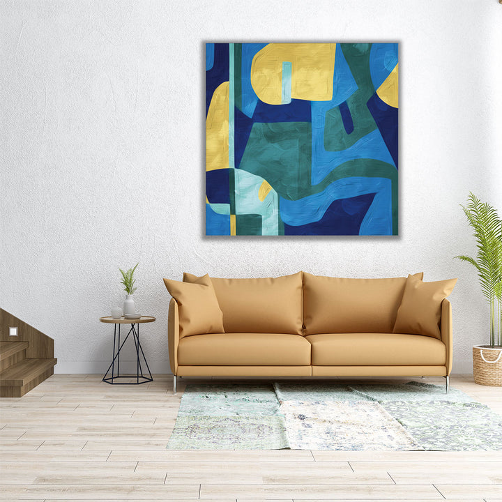 Square abstract canvas in blue, yellow, and green