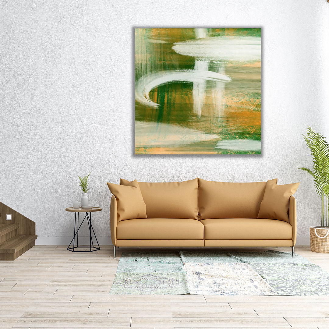 Square canvas art in green, white, and neutral tones