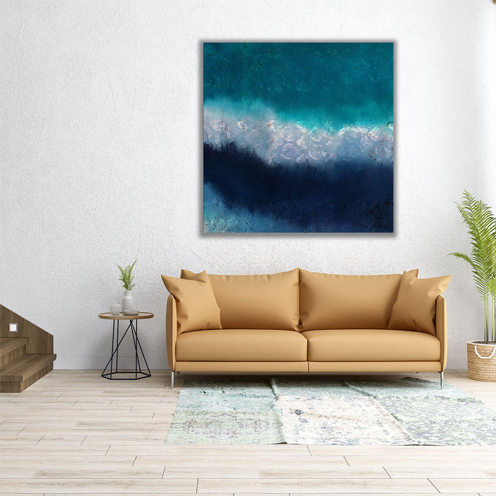 40x40 Wall Art – large square coastal artwork in blue tones