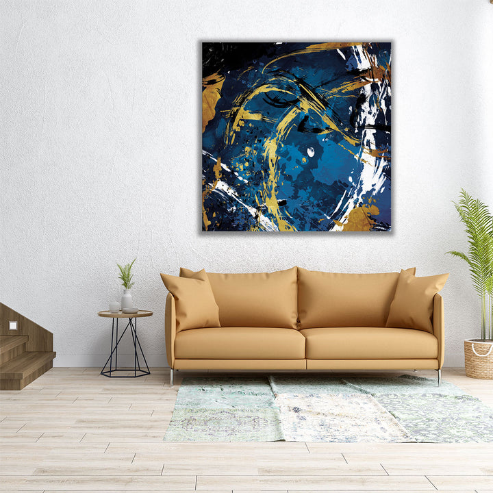 40x40 Wall Art – oversized square watercolor print in gold and black