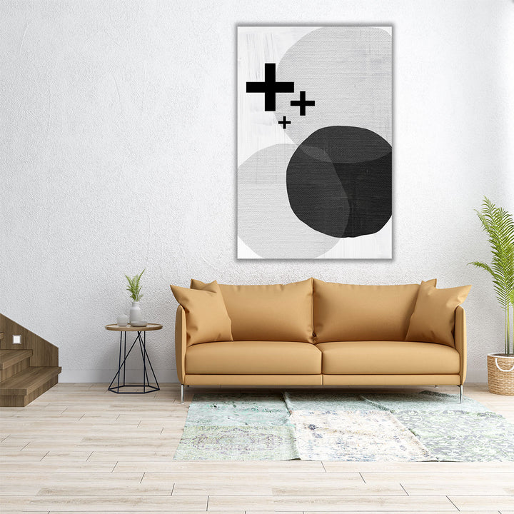 Vertical artwork with circle and cross design