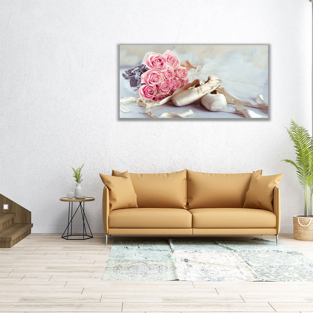 Ballet Shoes and Elegant Ballet Skirt with Bunch of Roses 1 - Canvas Print Wall Art
