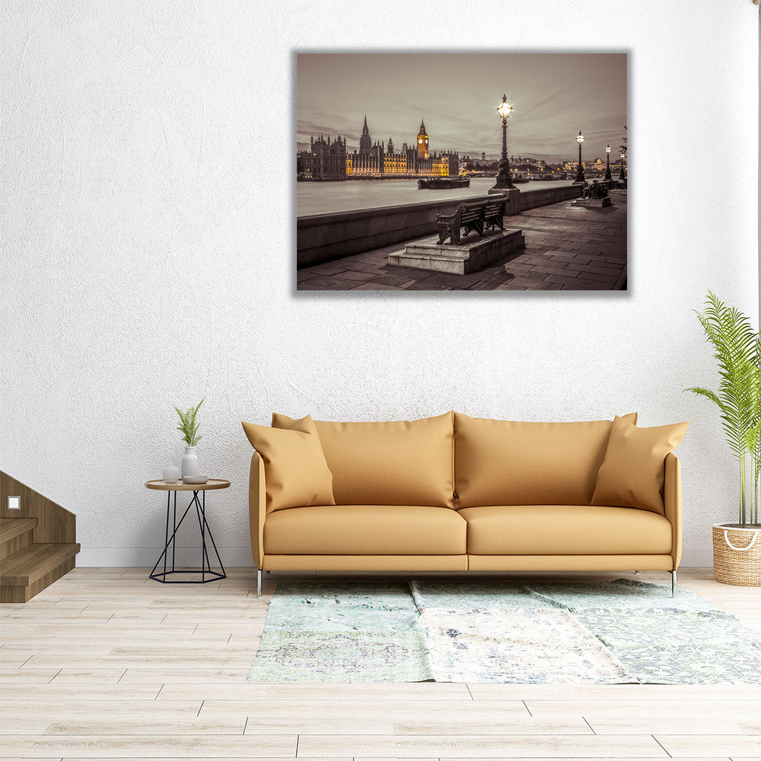 Benches By The Walkway Next To The River Thames, London - Canvas Print Wall Art