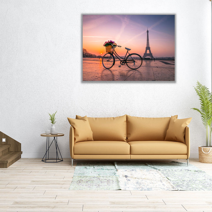 Bicycle With A Basket Of Flowers, Eiffel Tower 2 - Canvas Print Wall Art