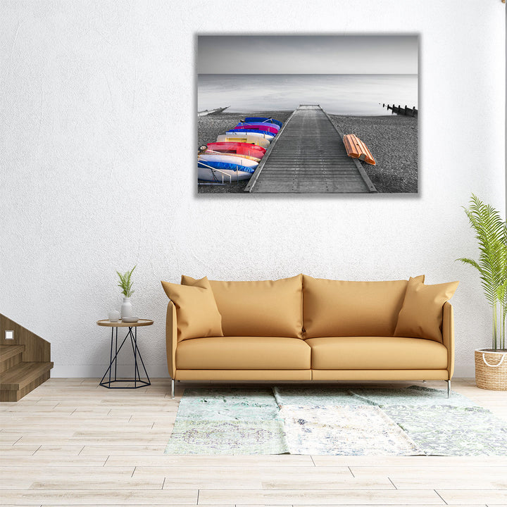 Kayaks On The Side Of Pier - Canvas Print Wall Art