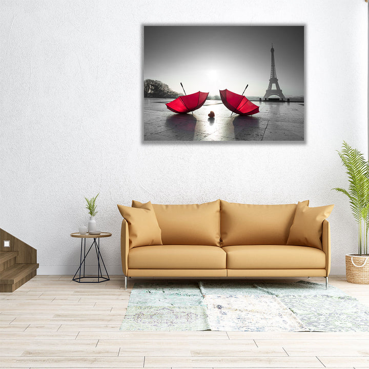 Two Umbrellas next to the Eiffel Tower - Canvas Print Wall Art