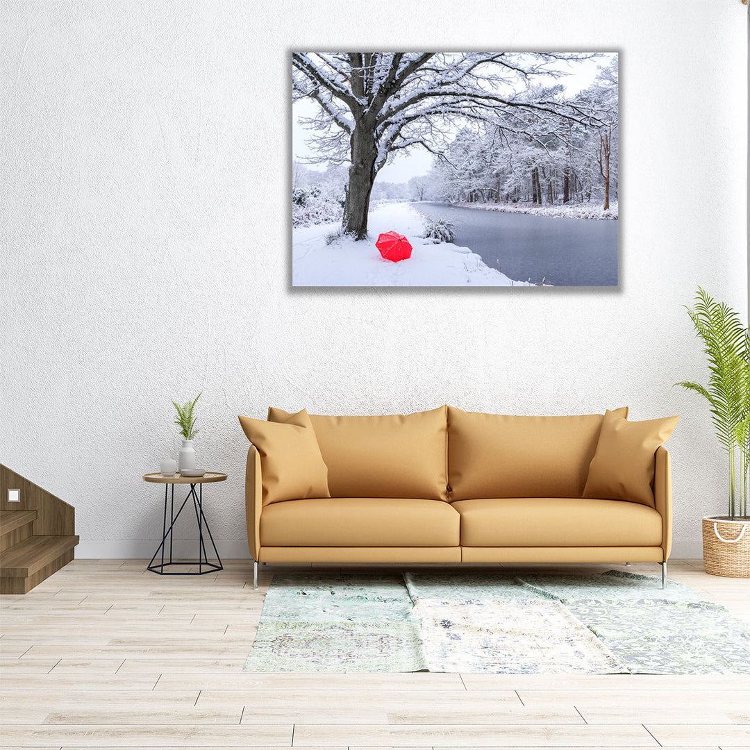 Umbrella by a Canal with Snow Covered Trees - Canvas Print Wall Art