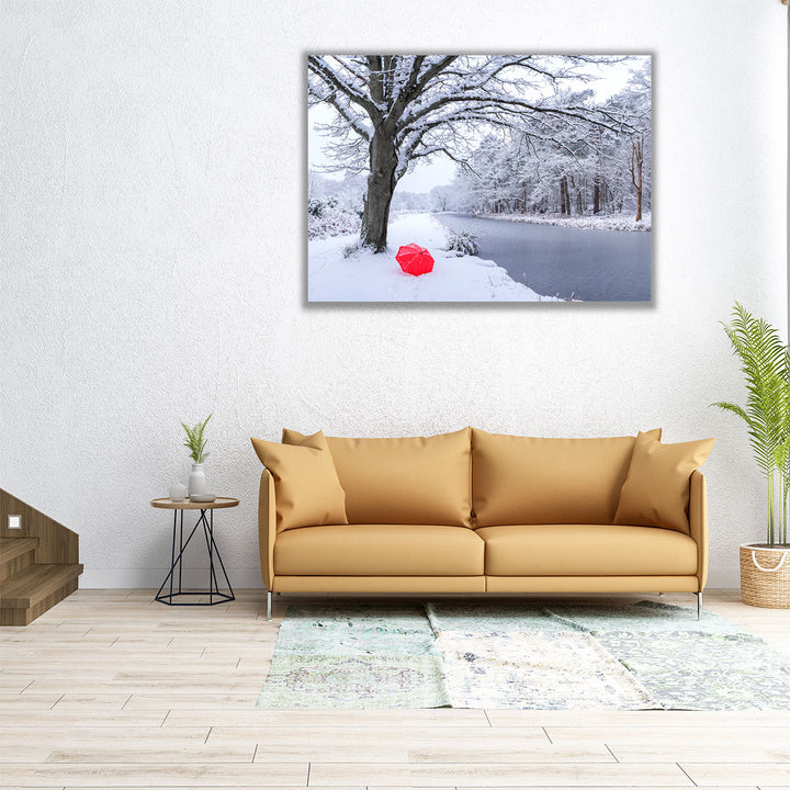Umbrella by a Canal with Snow Covered Trees - Canvas Print Wall Art