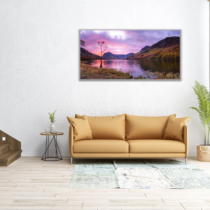 60x30 lake and hill canvas in purple and green