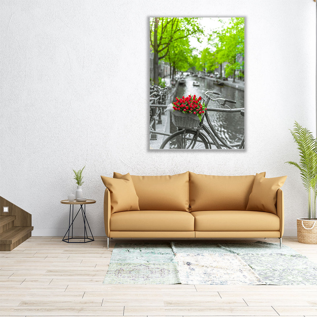 Bicycle With Bunch Of Flowers By The Canal, Amsterdam - Canvas Print Wall Art