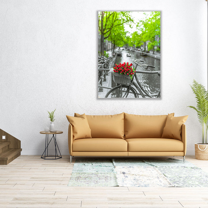 Bicycle With Bunch Of Flowers By The Canal, Amsterdam - Canvas Print Wall Art