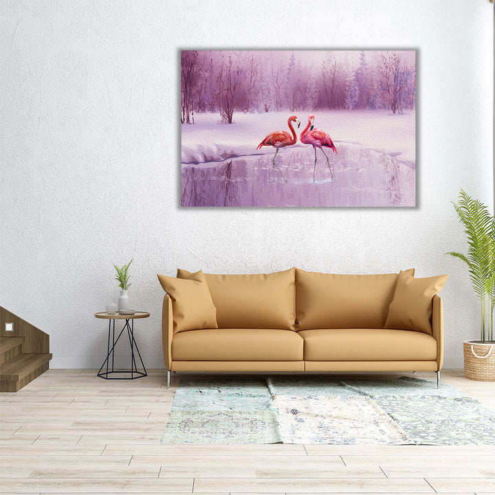 A Pair of Pink Flamingos in a Pond - Canvas Print Wall Art