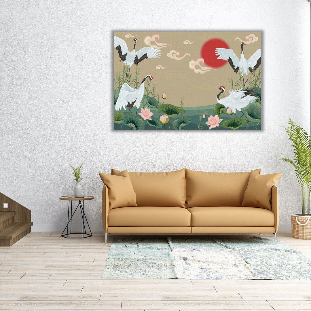 Japanese Style Art Painting, Cranes at Sunset - Canvas Print Wall Art