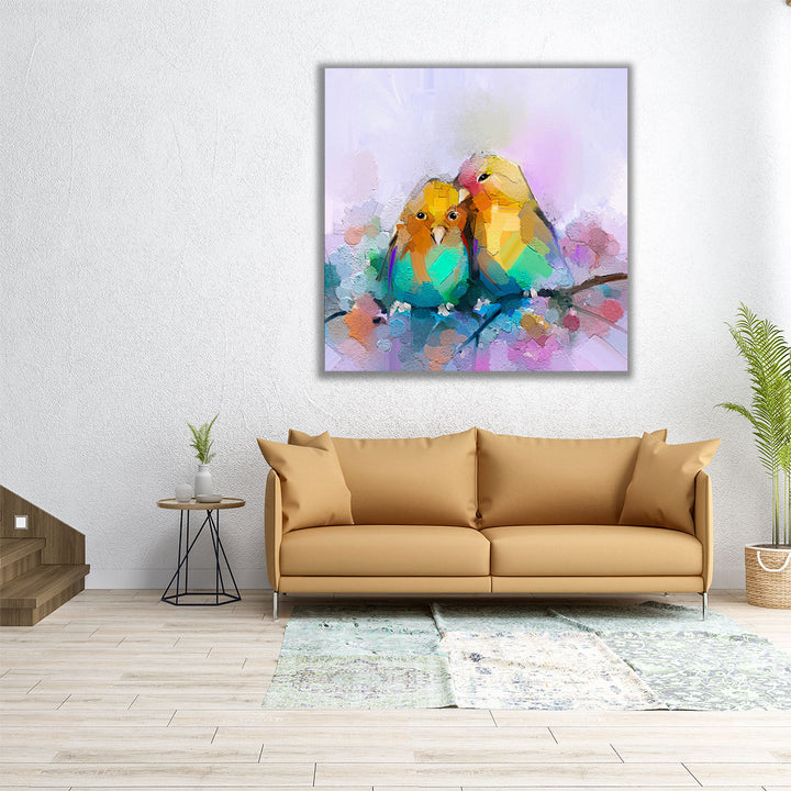 Abstract Colorful Oil Painting of Two Birds - Canvas Print Wall Art