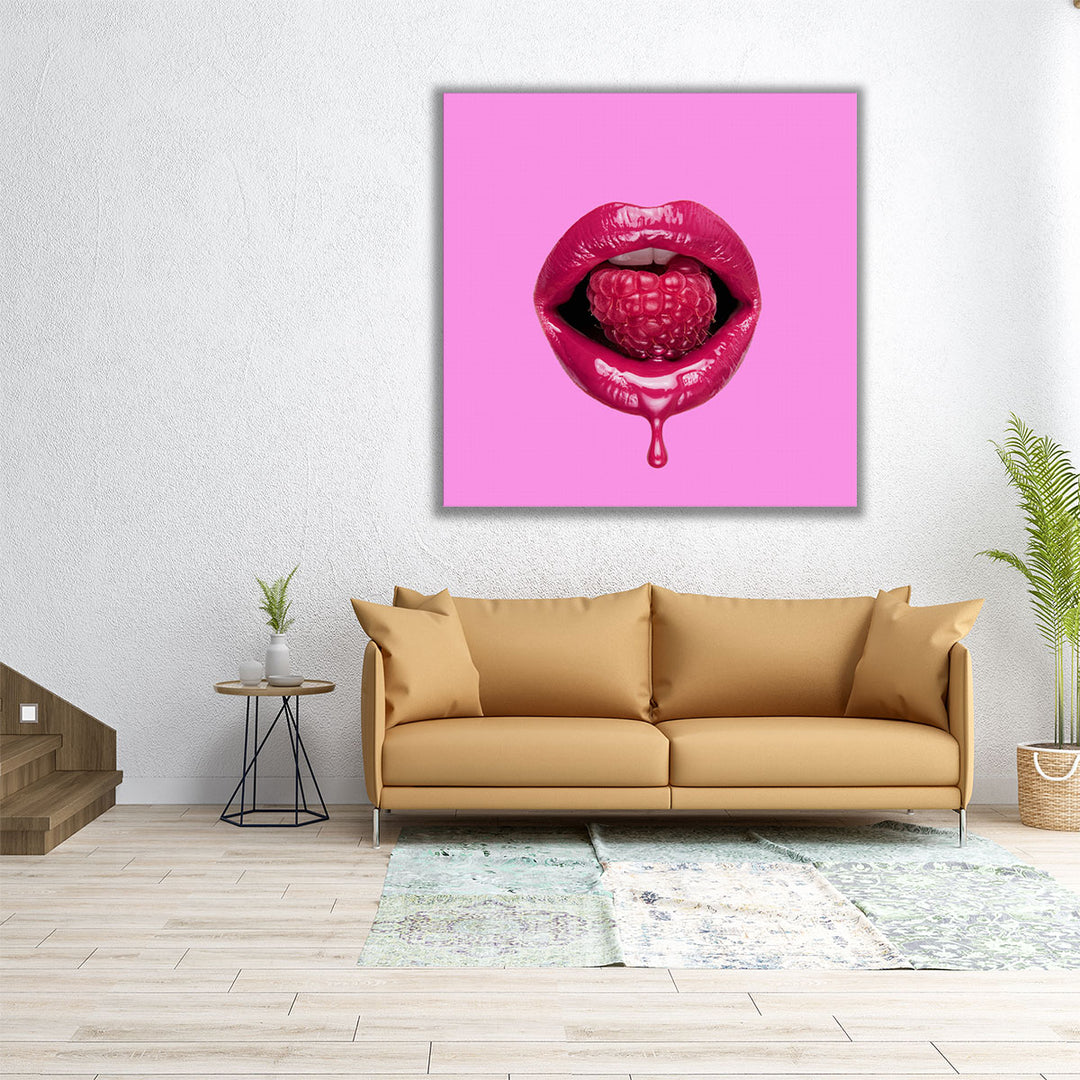 Red Dripping Lips Biting Strawberry - Canvas Print Wall Art