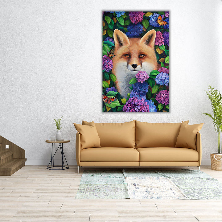 A Cute Fox In Hydrangea Flowers - Canvas Print Wall Art