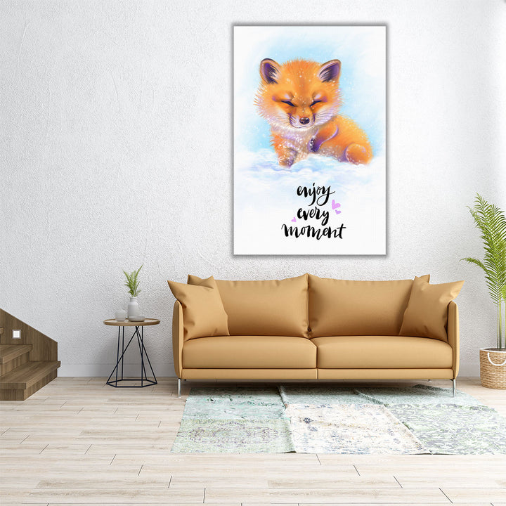 Enjoy Every Moment - Cute Baby Fox in the Snow - Canvas Print Wall Art