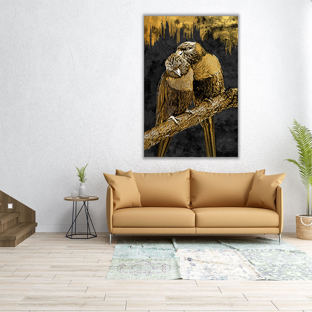 Gold Abstract of Two Parrots in Love - Canvas Print Wall Art