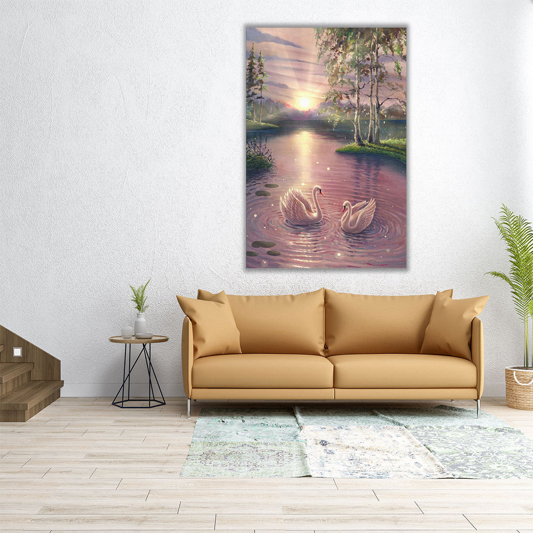 Magical Lake With Swans at Sunrise - Canvas Print Wall Art